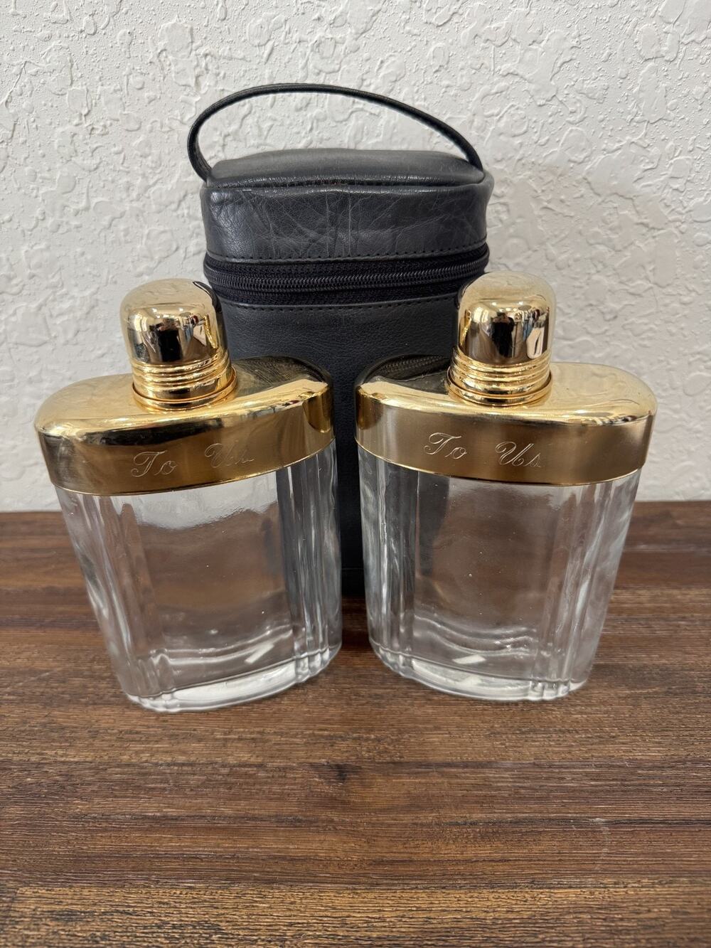 Vintage Engraved "To Us" Travel 3-Piece Glass Liquor Flask Set w/ Black Case